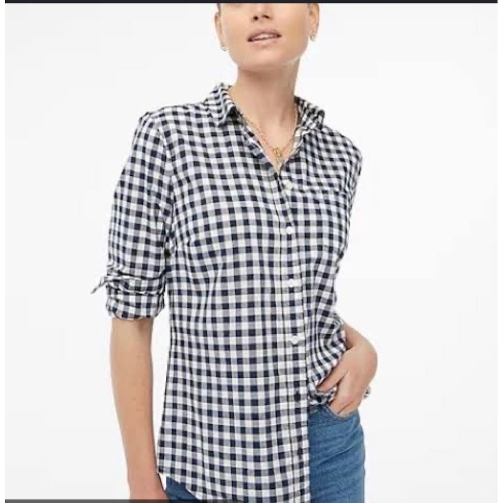 J.Crew Boy Shirt Women 12 Navy White Gingham Check Stretch Button Down